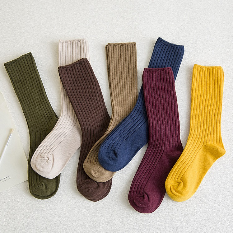 Gerippte Slouchy-Crew-Socken für Damen, einfarbig, Doppelnadel-Baumwolle, Instagram-Mode, Freizeitsocken, Herbst, Winter, EU 35–40, US 5–9