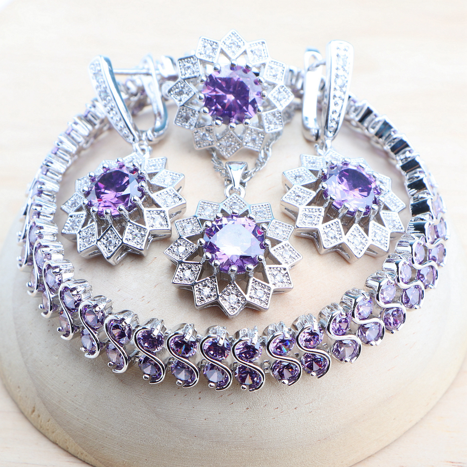 Ensemble de bijoux de mariage en argent 925, Bracelets, bagues, boucles d'oreilles, pendentif, collier en zircone cubique violette pour femmes, ensemble de bijoux de mariée