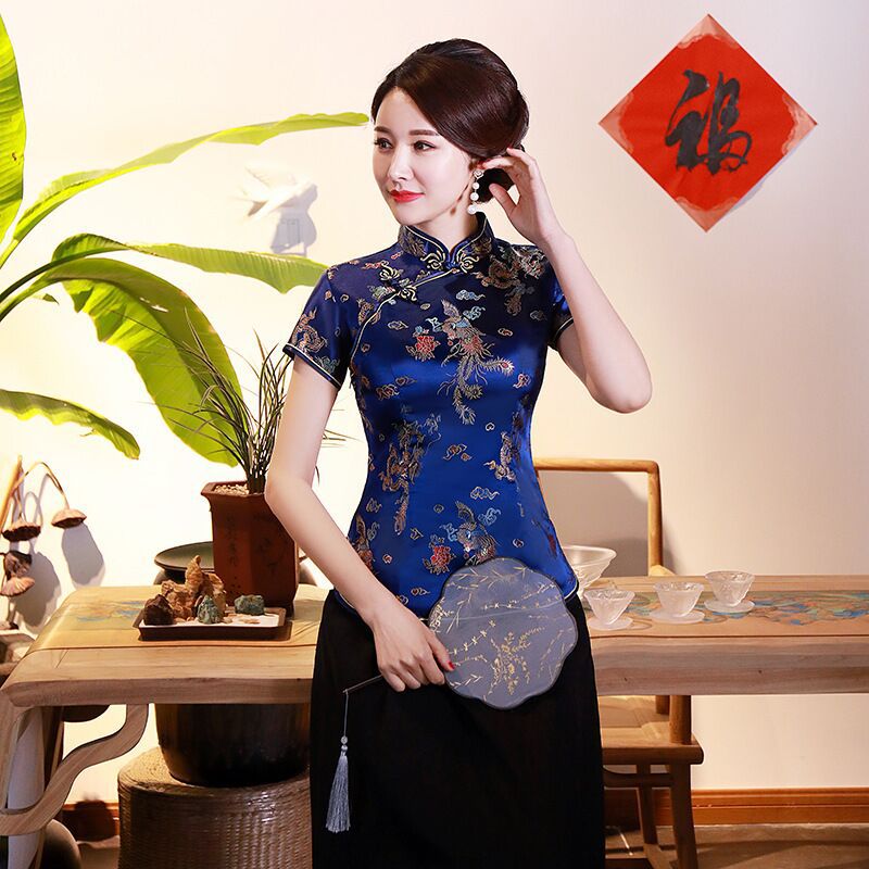 Vintage Flower Women Chinese Traditional Satin Blouse Summer Sexy Shirt Novelty Dragon Clothing Tops Plus Size 3XL 4XL 5XL