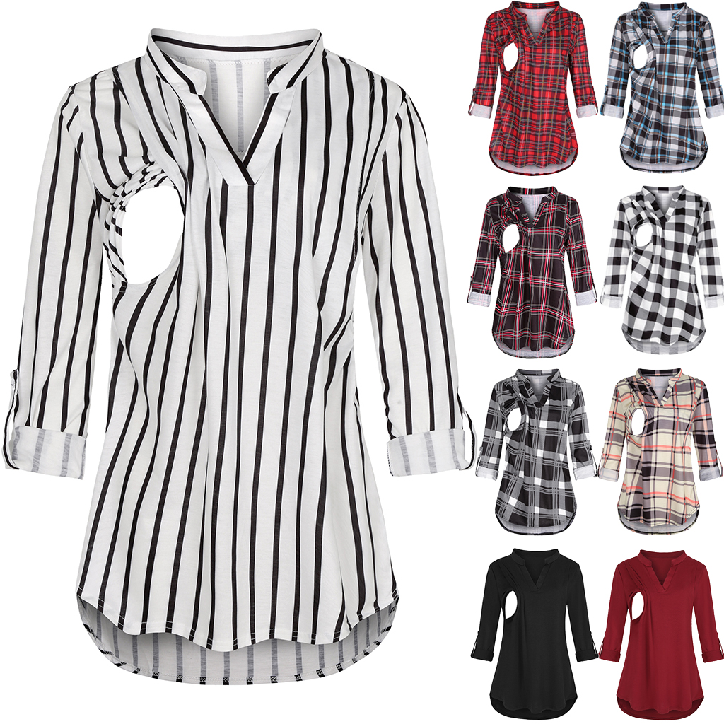 Women's Maternity Breastfeeding T-shirt V-Neck Solid Color Long Sleeve Nursing Tops Clothes for Pregnant Women