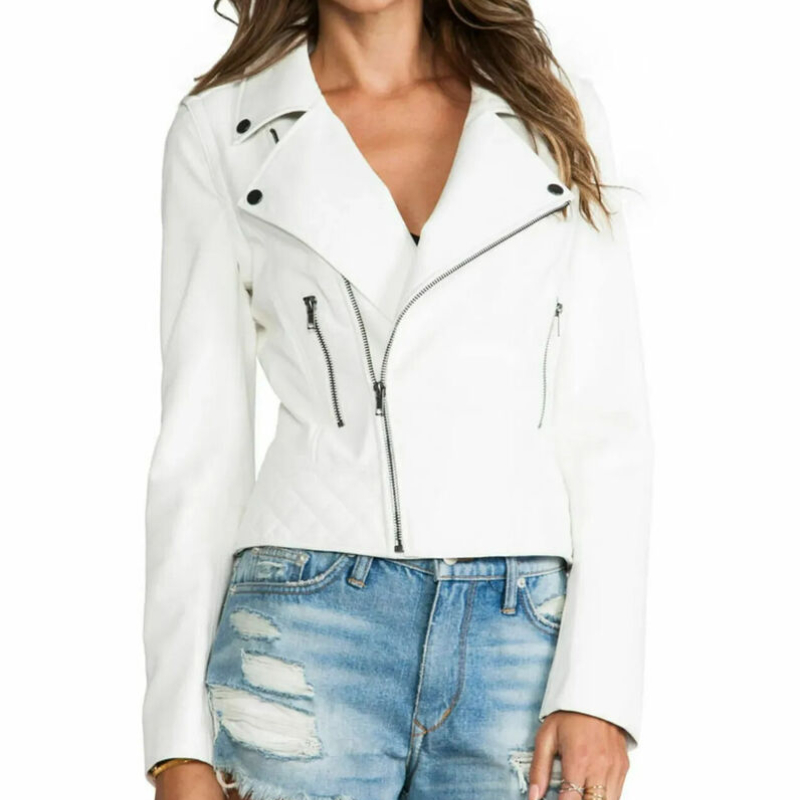 Chaqueta de cuero blanca para mujer, chaqueta de motorista, abrigo recortado de cuero