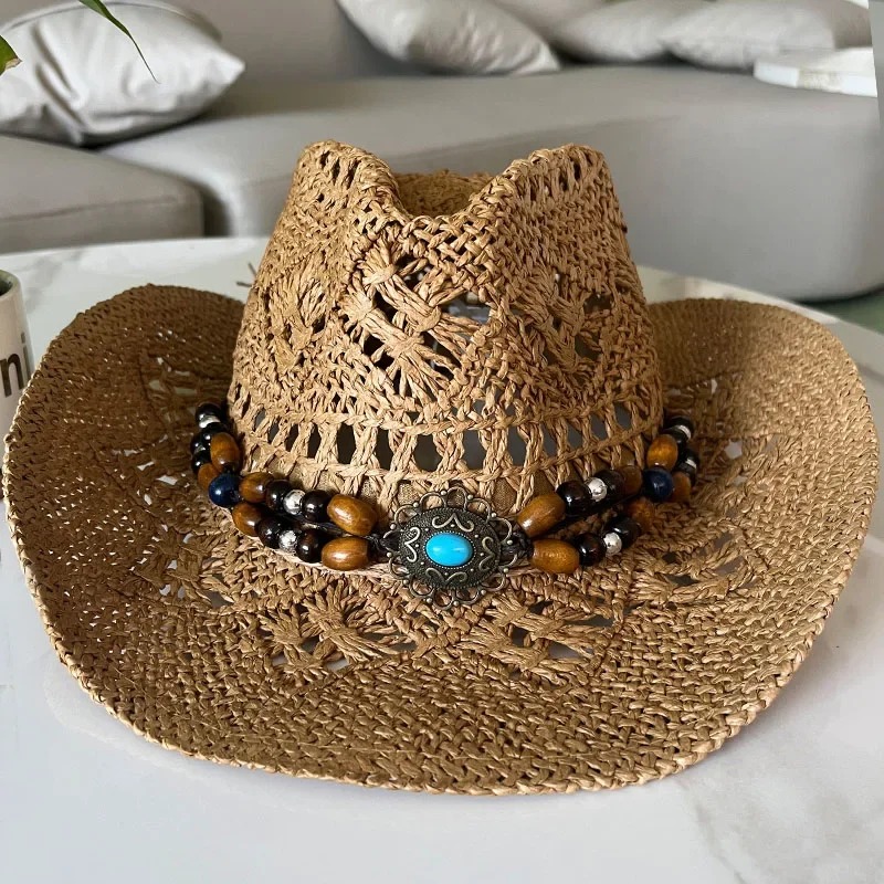 Topi Jerami Bohemian Pantai Musim Panas Antik Baru Topi Koboi Barat Pria Wanita Cangkang Topi Matahari Berongga Manik-manik Kayu Topi Liburan