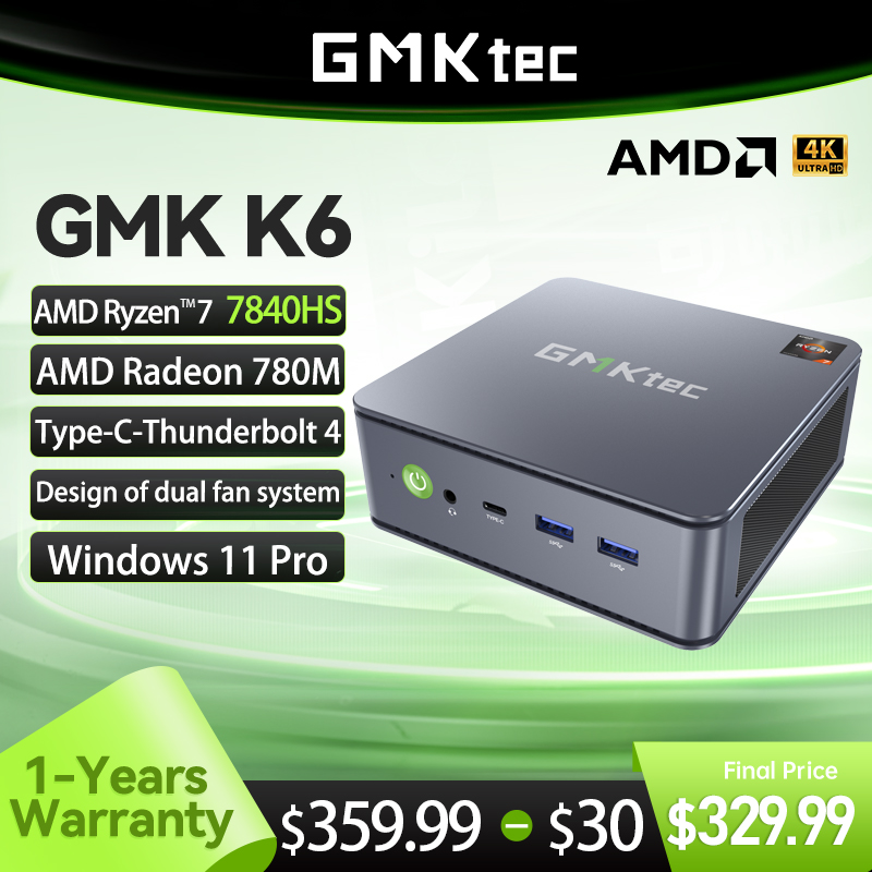 GMKtec Mini Pc GMK K6 AMD Ryzen7 R7 7840HS NUCBOX Diseño del sistema de ventilador dual Window11 Pro AMD Radeon ™   780M Tipo-C USB 4.0