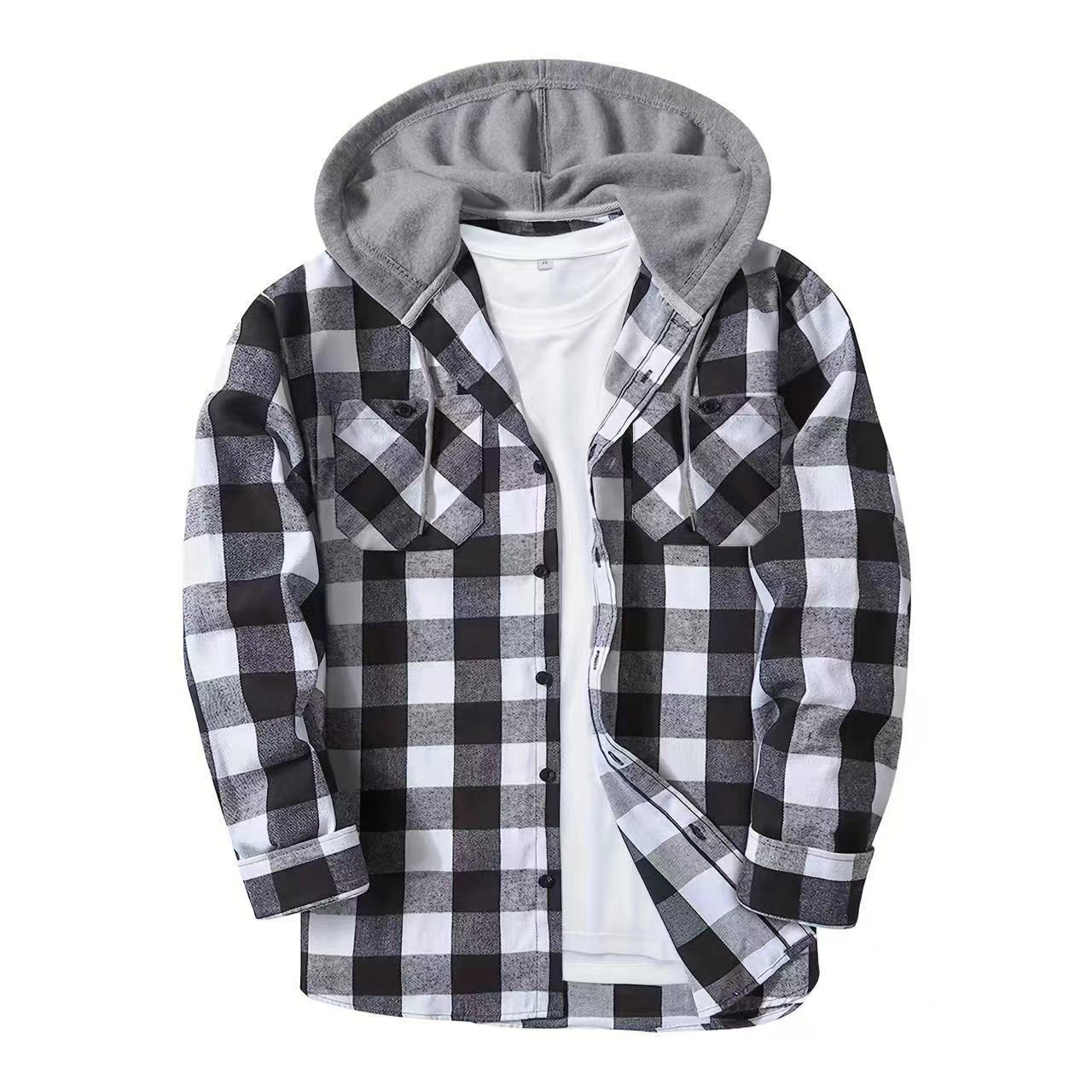 Chemise classique à carreaux boutonnée à manches longues pour hommes, sweat à capuche, Double poches, veste décontractée en flanelle, hauts pour printemps et automne