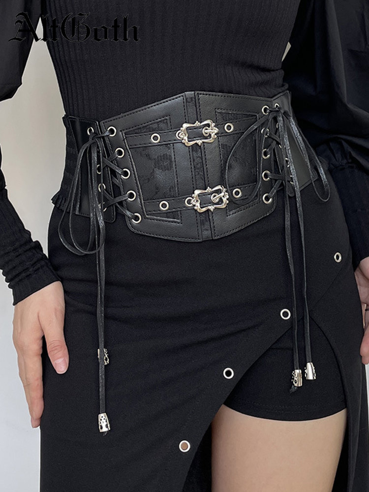 AltGoth-corsé negro Vintage Y2k para mujer, ropa de calle, Cyberpunk, Fairycore, Grunge, Emo, Wlastic, vendaje de cuero, fajín femenino