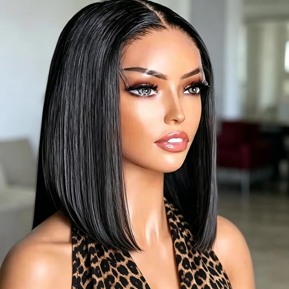 Peluca Bob Corta Negra Lacia con Encaje Transparente HD 13x6, Sin Pegamento, Precortada y Pre-arrancada, Negra Natural, para Mujer, Peluca Frontal de Encaje Bob Vietnamita, 250% de Densidad, Encaje Invisible, Efecto Meltz Scalp Pro Air-Flow, Capucha Air-F