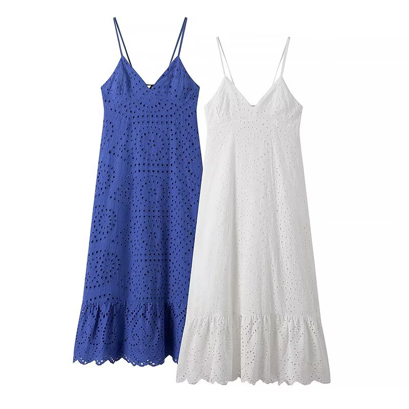YENKYE Abito sexy con cinturino per spaghetti ricamato scollato senza schienale Abito da donna con scollo a V A-line Abiti estivi midi Abito da festa