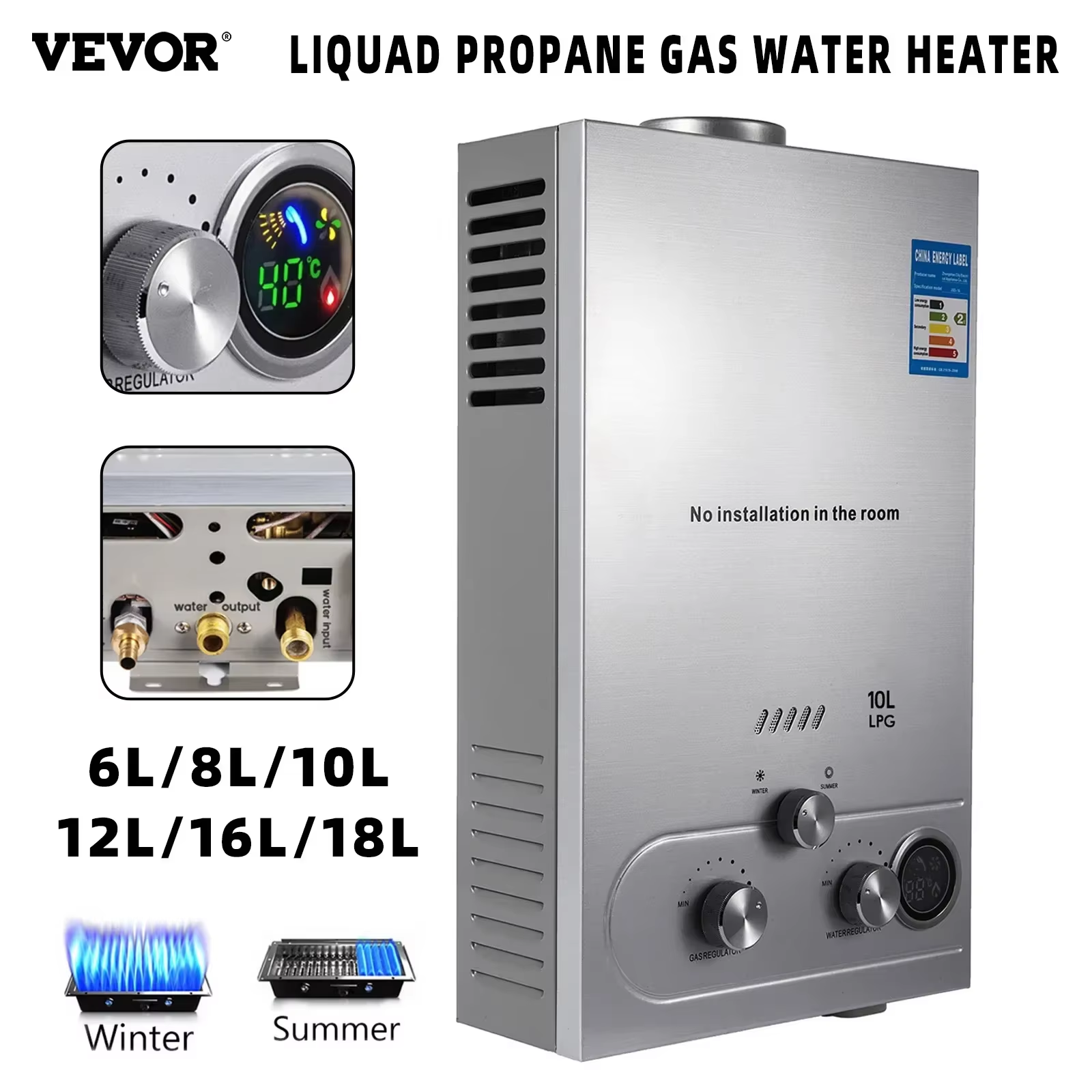 VEVOR Propaan LPG Boiler Gas Rvs Tankless Propaan Gas LPG Boiler Huishoudapparaat 6L-18L Boiler