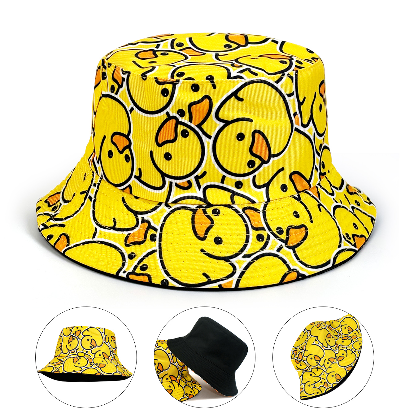 Modny kapelusz typu bucket hat z pełnym nadrukiem kaczki, kapelusz typu bucket hat z kreskówkowym wzorem, dwustronny składany lekki kapelusz z płaskim wierzchem, unisexowy kapelusz przeciwsłoneczny, idealny na wakacje na plaży i rekreację na świeżym powie