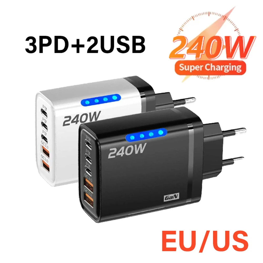240W GaN 5 in 1 USB C 충전기 고속 충전 휴대폰 충전기 전원 어댑터 타입 C EU/US 플러그 벽면 충전기 (아이폰, 삼성, 샤오미용)