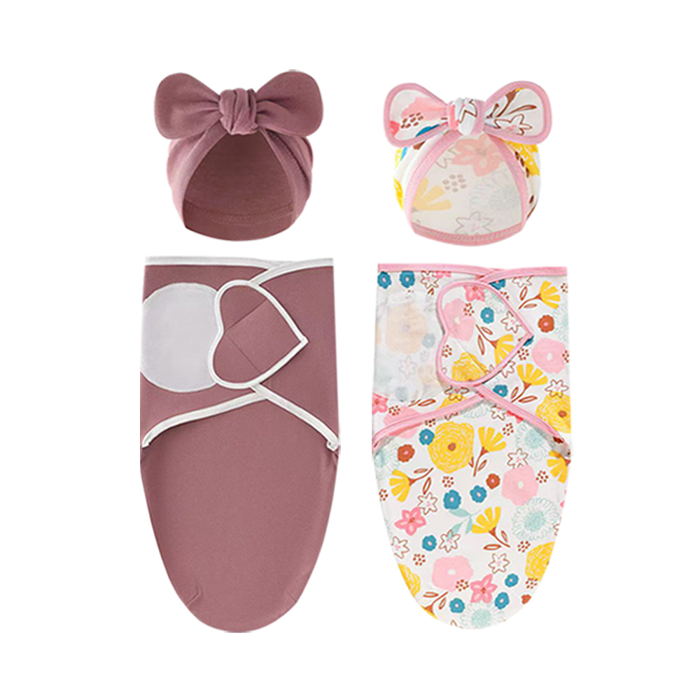 Conjunto de gorro y manta para bebé, manta ajustable de algodón con estampado de dibujos animados para recién nacido, envolturas para dormir para todas las estaciones de 0 a 6 meses