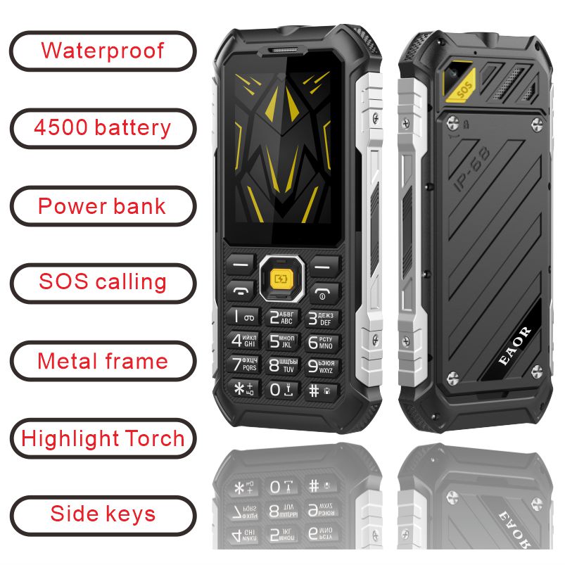 EAOR คุณลักษณะ 2G ปุ่มกดโทรศัพท์กันน้ําทนทาน 4500mAh Power Bank ความสว่างสูงไฟฉายปริมาณปุ่มด้านข้าง SOS One Click Dialing