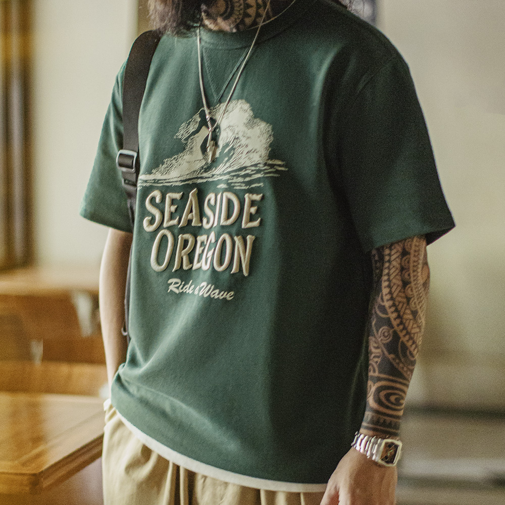 Maden Vintage lettre brodée à manches courtes T-Shirt hommes été vert impression numérique T-Shirt côtelé col rond hauts décontractés amples