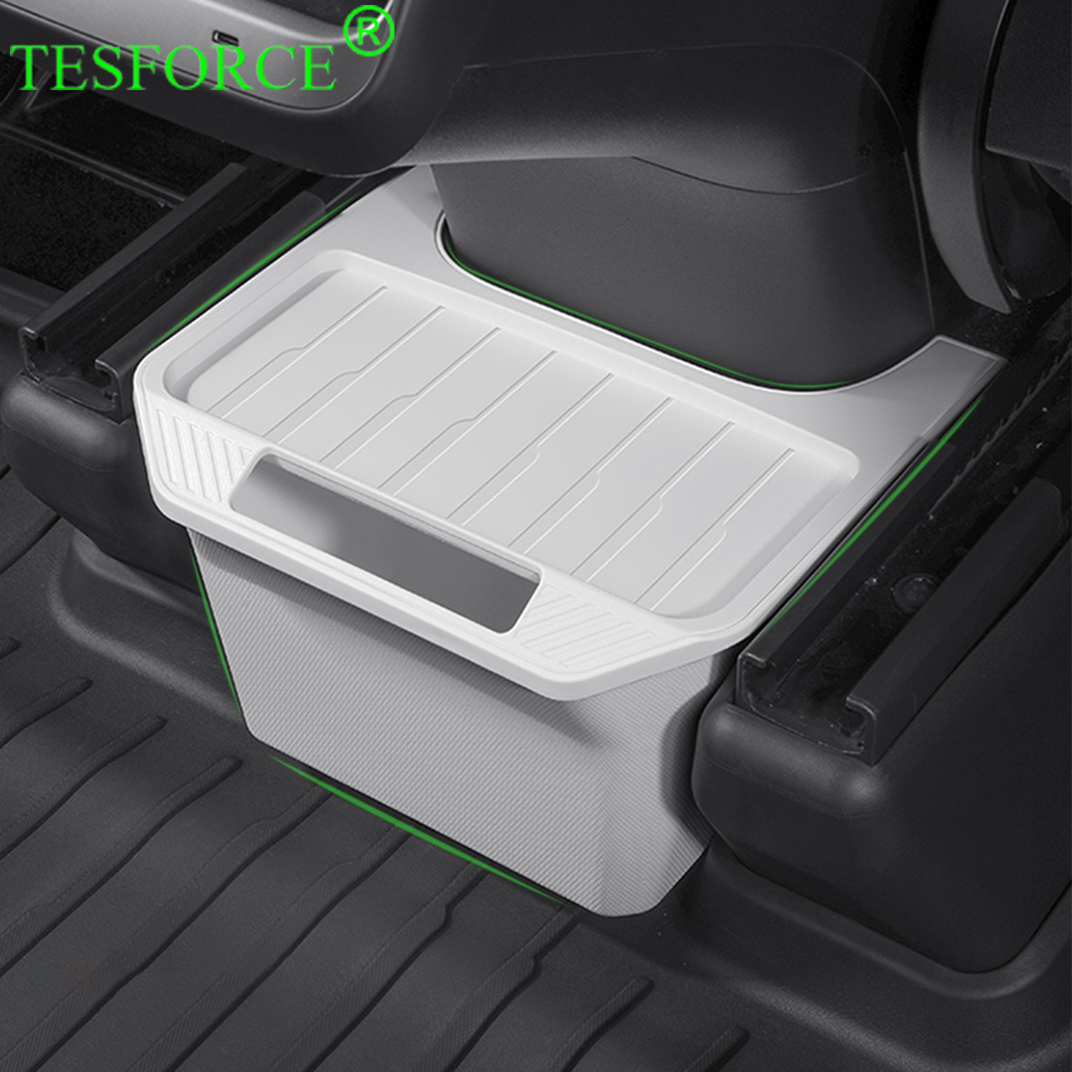 For Tesla Model Y 2021-2024 Rear Center Console Storage Box TPE Organizer Box with Cover Trash Can Under Seat Car Accessories