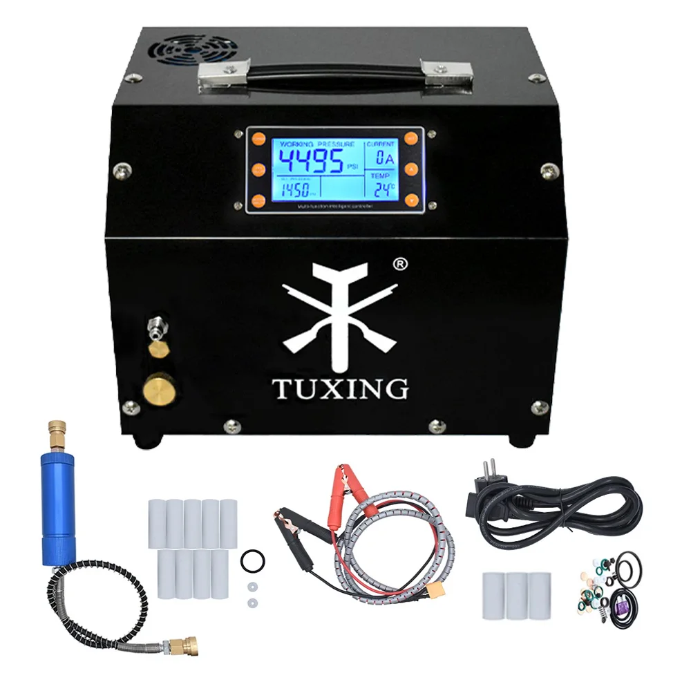 TUXING 300Bar PCP Luftkompressor 4500Psi Hochdruck Auto Stop Digitale Kompressorsteuerung mit 12V Netzteil PCP Gewehr