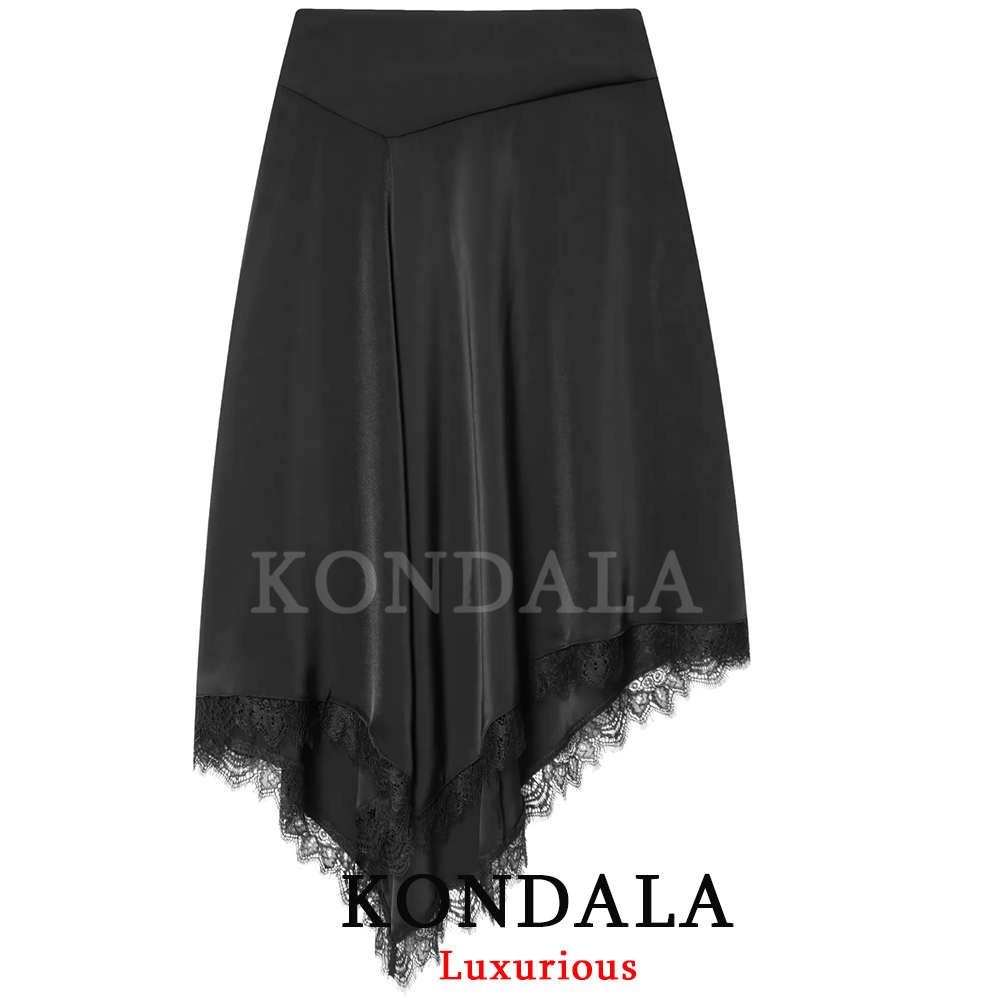 KONDALA Trend Sexy Chic Women Asymmetrical Skirt Solid Lace Zipper Skirt New Fashion 2026 Spring Holiday Party Night Out Skirt