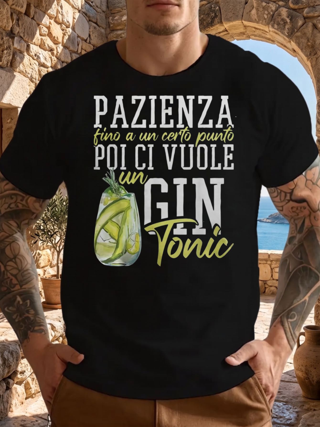 1 szt. Zabawna koszulka z krótkim rękawem, 100% bawełna, z napisem Pazienza Fino A Certo Punto Poi Ci Vuole Un Gin Tonic, idealna na prezent, z okrągłym dekoltem, odpowiednia do noszenia na co dzień i na zewnątrz.