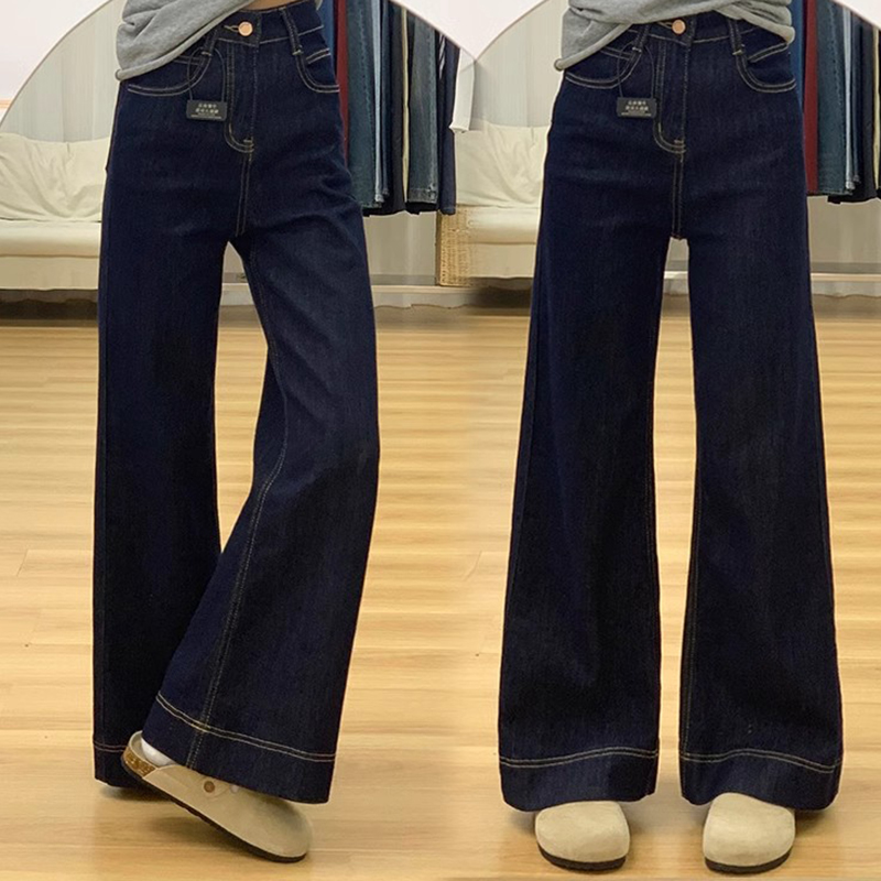 Deep Blue Fce Lined Wide Leg Denim Jeans Women's High Waist Slimming Drapey Warm Floor Length Pants Casual Sle