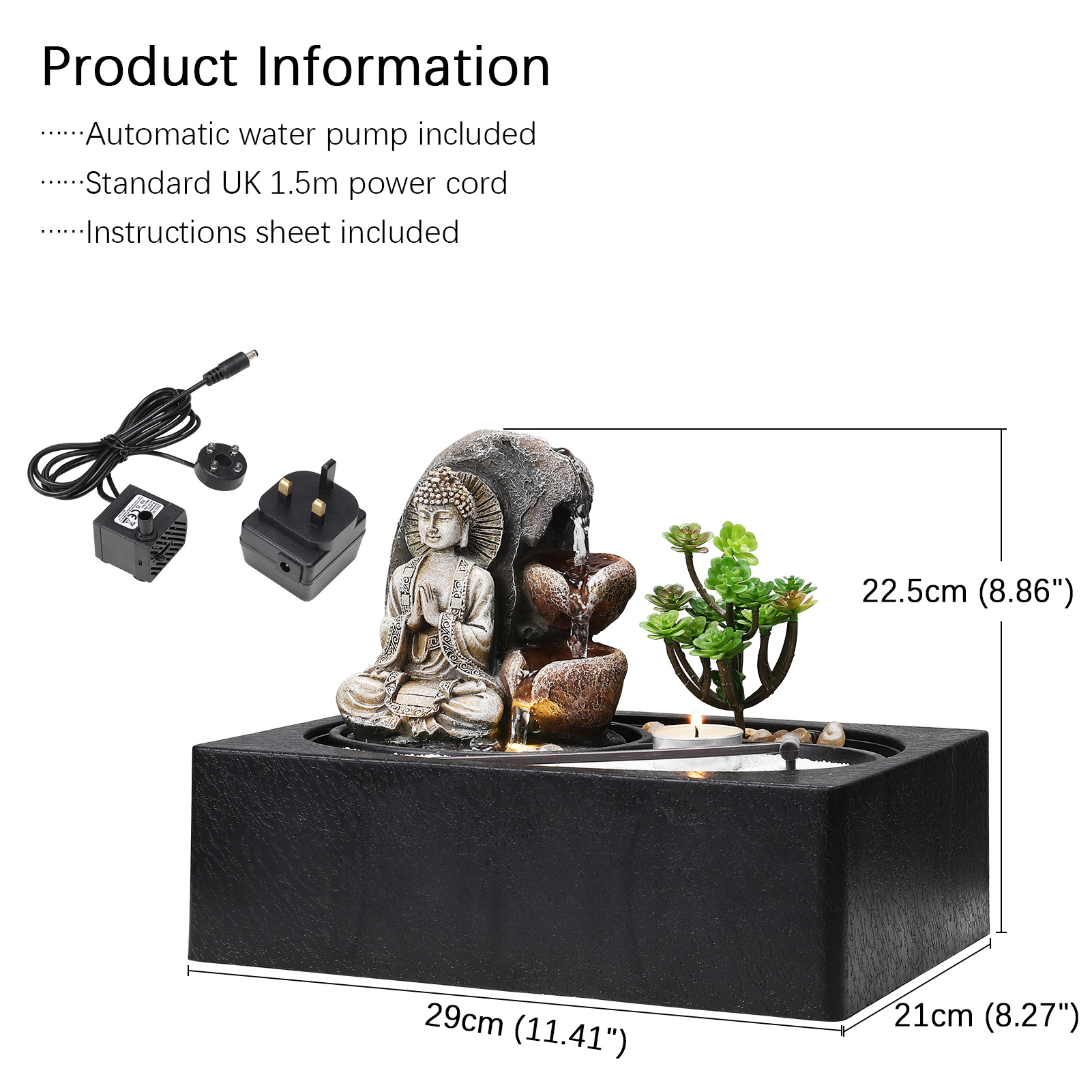 Air mancur meja Buddha Zen dengan lampu LED dan sukulen
