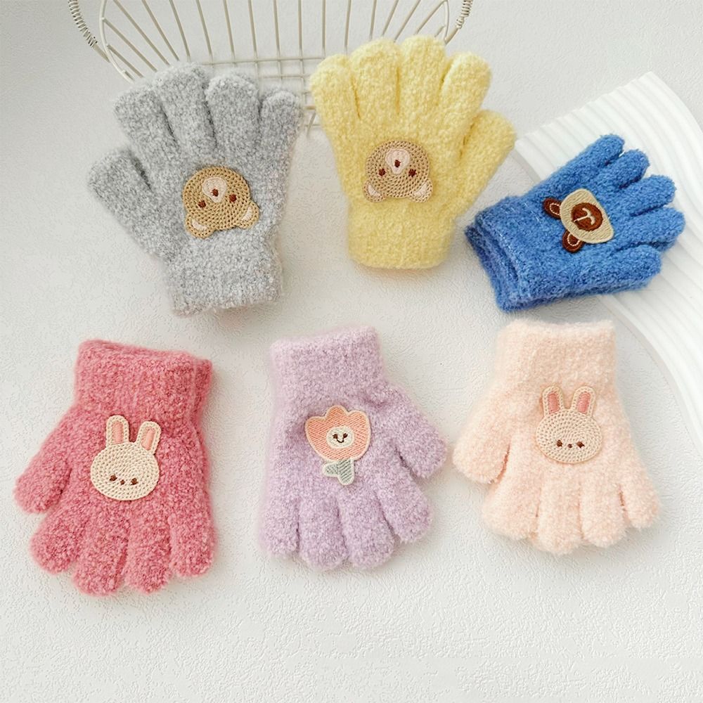 Guantes bonitos para bebé, manoplas con dedos completos de dibujos animados, guantes cálidos de otoño, manoplas de punto esponjosas de Color sólido, guantes gruesos con lazo para exteriores