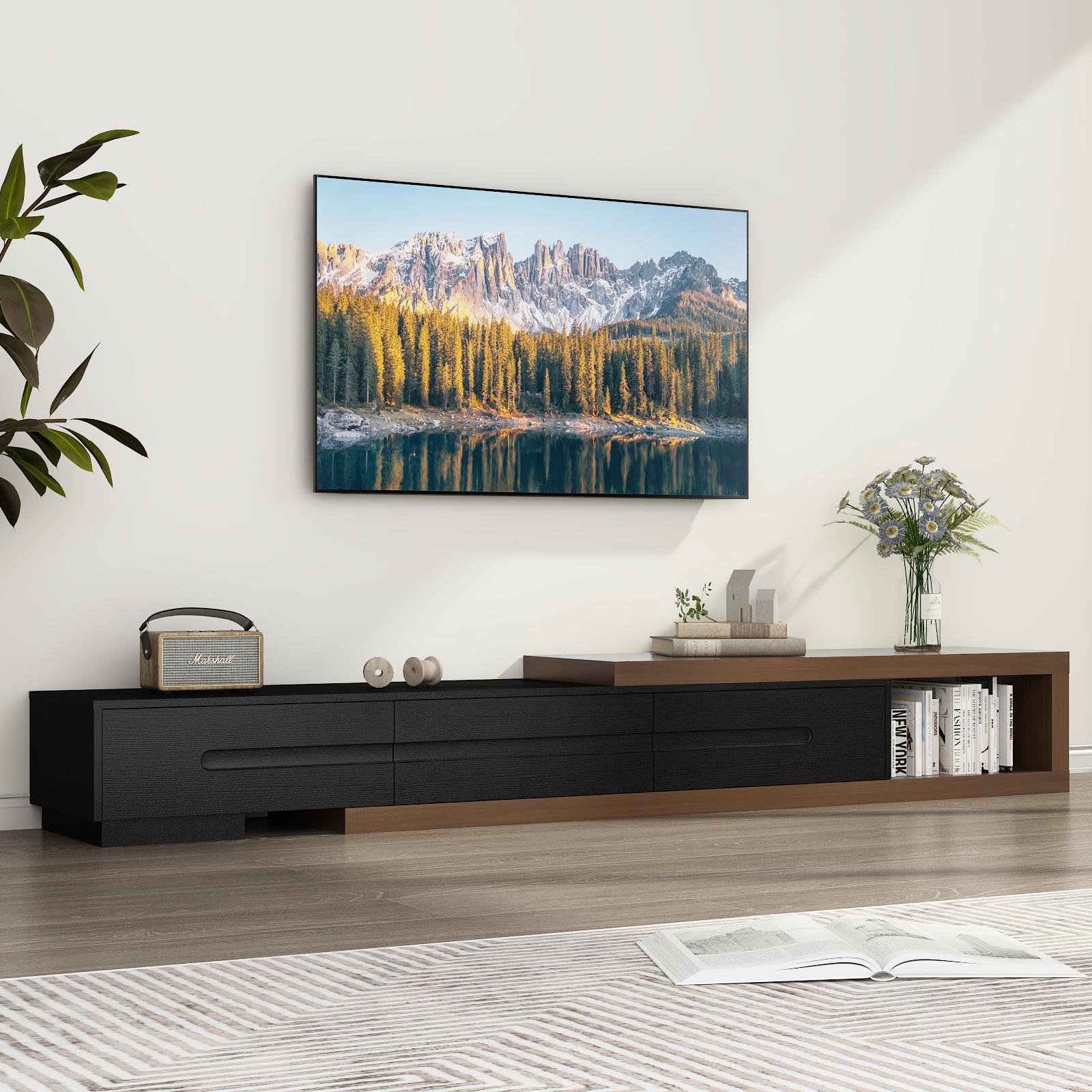 82-110 ''Uitschuifbare Tv-Standaard Voor Maximaal 120-Tv, Hout Omkeerbare Tv-Mediaconsole Met 3 Laden En Open Opbergplank Voor De Woonkamer