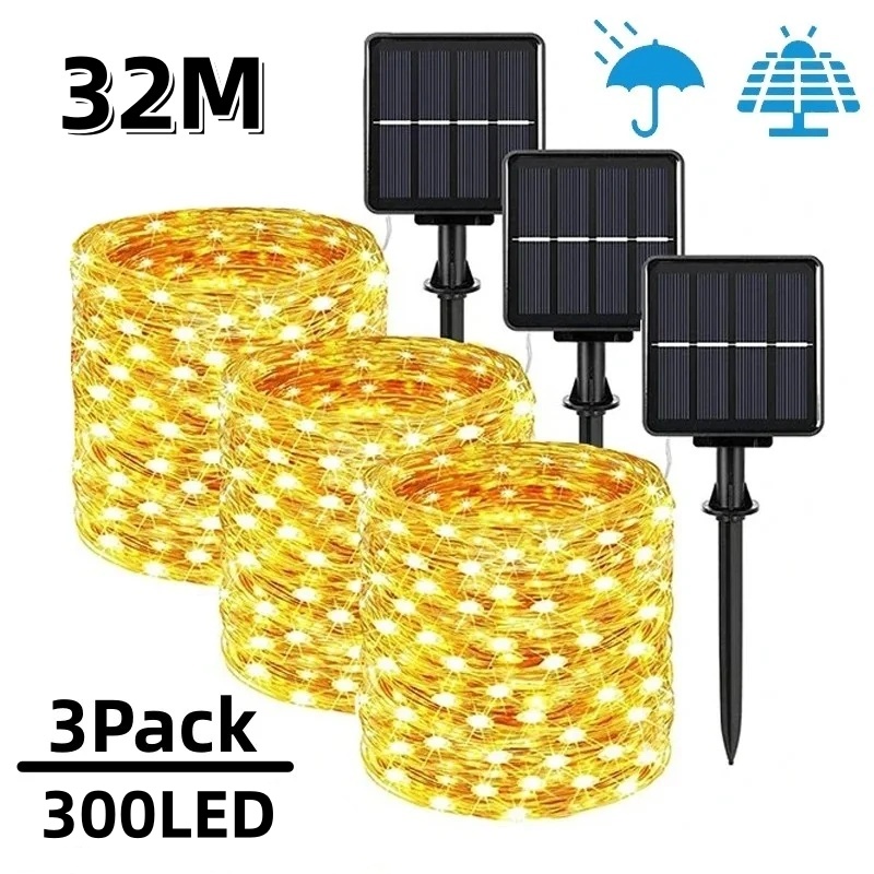 7m/12m/22m/32m LED lumière solaire extérieure jardin fée chaîne lumière LED scintillant lampe étanche pour noël Patio arbre fête