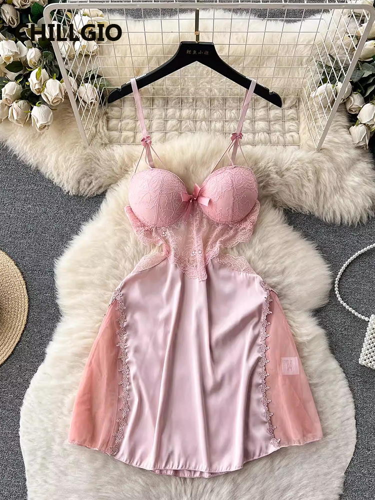 CHILLGIO kobiety seksowna koronkowa kwiatowa sukienka spaghetti z paskiem moda Backless linia lato przezroczysta pusta siateczkowa piżama sukienka