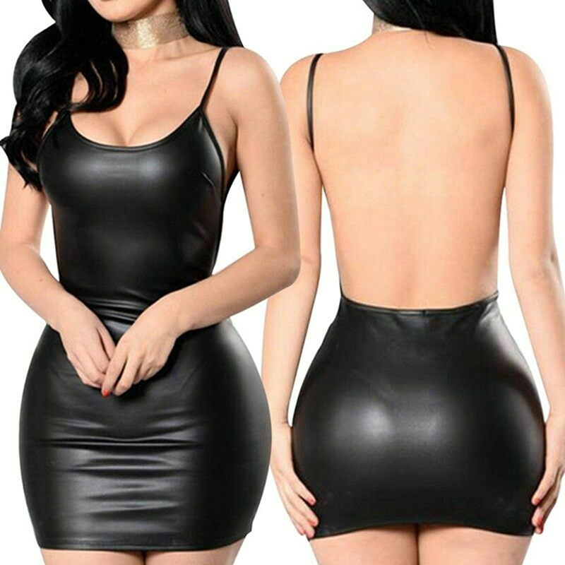 Nieuwe Sexy Faux Leather Dress Backless Club Party Korte Jurk Solid Black Wetlook Latex Bodycon Push Up Bh Mini micro Jurk