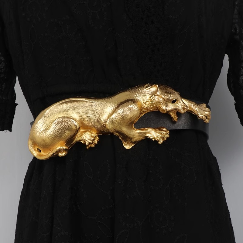Corsé de leopardo dorado de cuero genuino negro a la moda para mujer, faja para mujer, abrigo, pretina, decoración de vestido, cinturón ancho J005