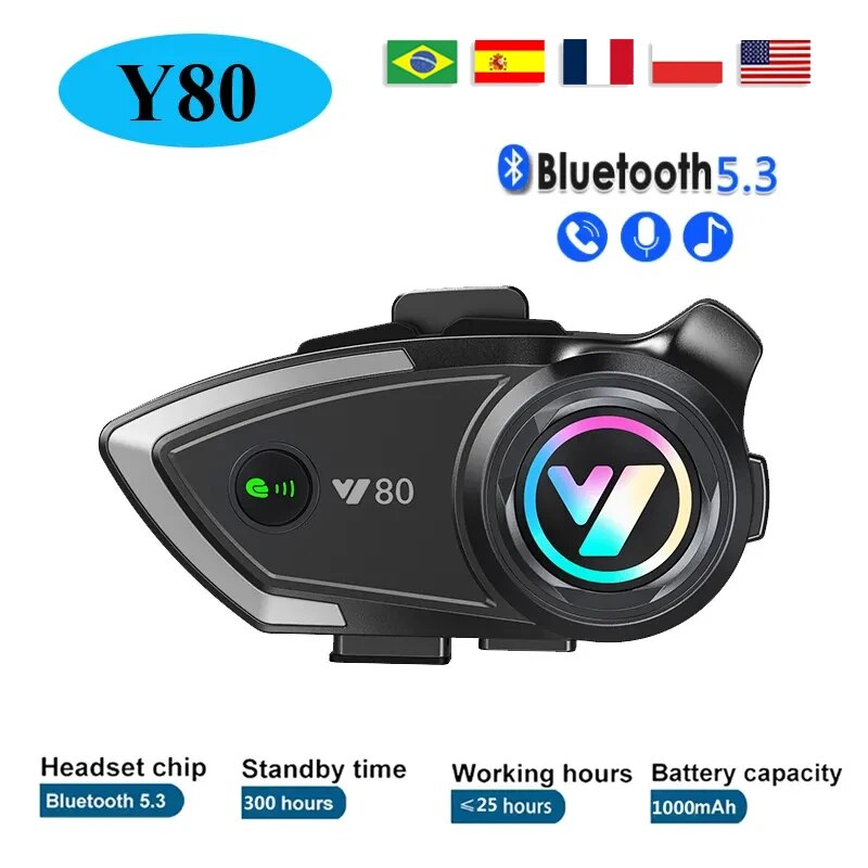 Y80オートバイヘルメットBluetoothヘッドセットワイヤレスv5.3ハンズフリー通話音楽イヤホンライダー用モトGPS防水ヘッドフォン
