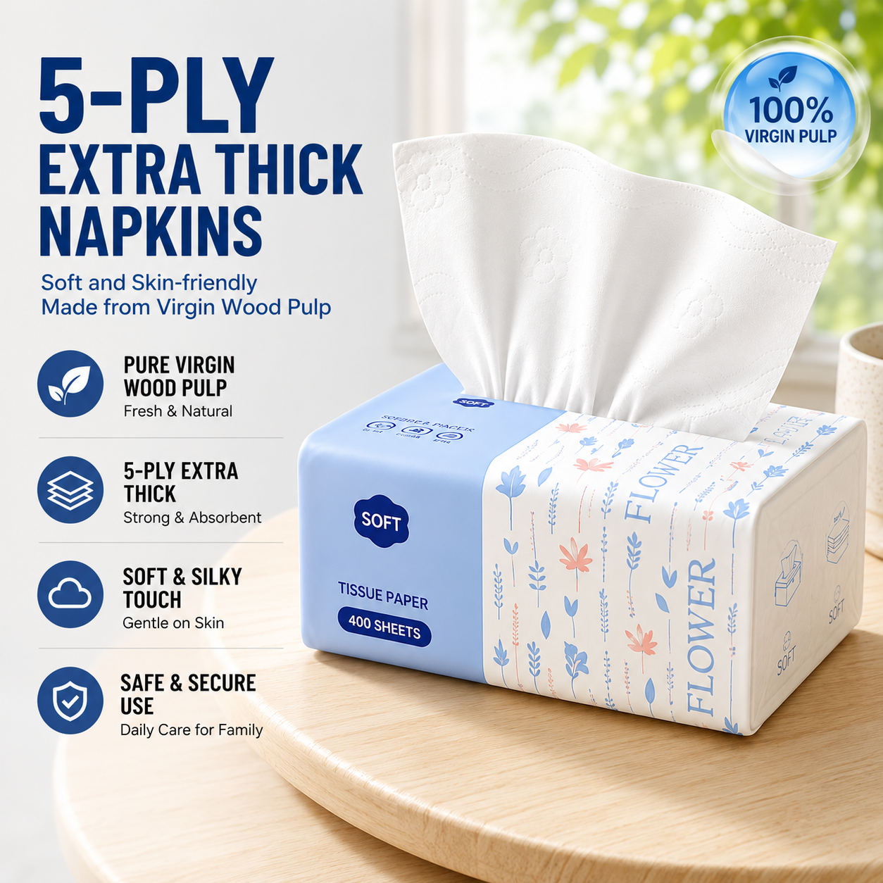Tissue Paper 5-ply Extra Thick Napkins Made From Virgin Wood Pulp Soft and Skin-friendly for Home, Office, Dormitory, Student