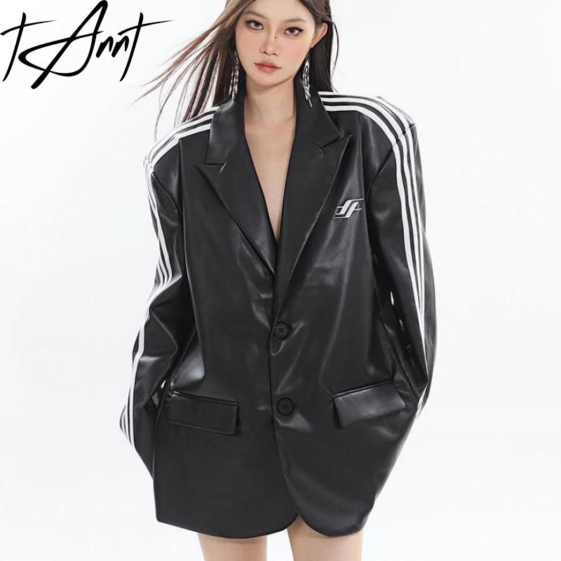 TANNT abrigo de cuero para mujer 2024 otoño nuevo a rayas de un solo pecho de manga larga negro suelto ocio chaqueta de cuero larga abrigo