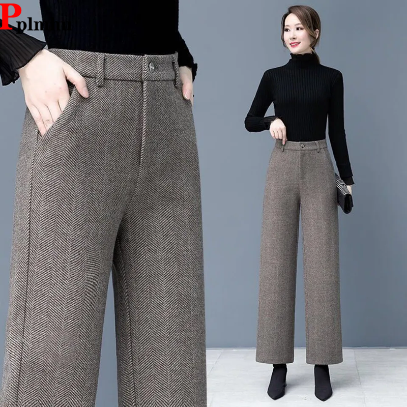 Mulheres de lã solta calças largas perna coreano cintura alta baggy sólida mistura lã pantalones outono inverno nova reta calcas femininas