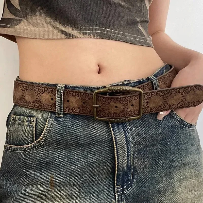 Padrão de impressão retro y2k cintos para mulheres designer luxo marca pino fivela cintura jeans cinto feminino couro do plutônio hip hop cintura