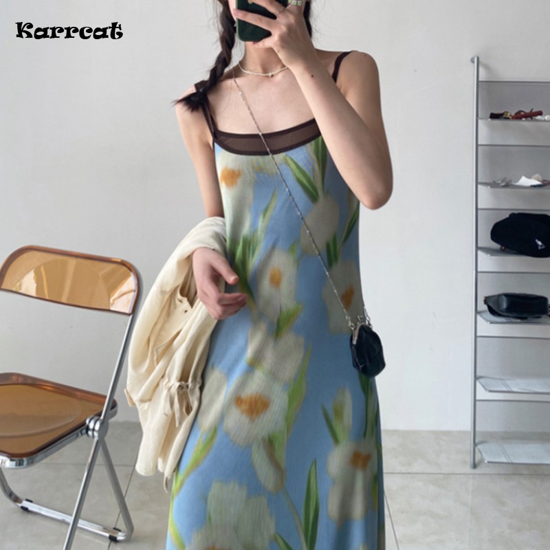 Karrcat ชุดเดรสตาข่ายพิมพ์ลายดอกไม้สไตล์เกาหลี,เดรสยาวแขนกุดแฟชั่นสไตล์เกาหลีสำหรับผู้หญิงชุดเดรสยาวสวยหวานแบบญี่ปุ่น