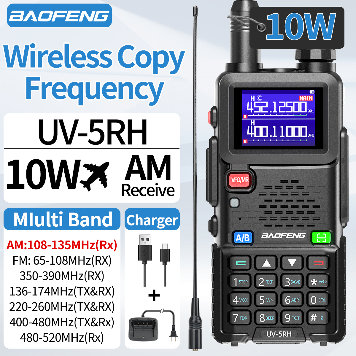 Baofeng uv 5rh 10w bandas completas walkie talkie wirless cópia frequência tipo-c carregador atualizado uv 5r transceptor presunto rádio em dois sentidos