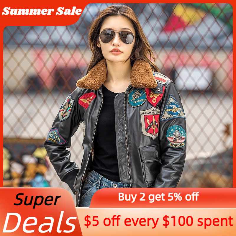 Chaqueta de cuero de piloto G1 para mujer, abrigos de piel de oveja Natural de aviación, estilo militar, 3XL talla grande, negro, otoño