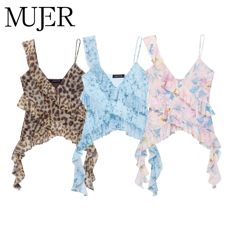 MUJER Drucken Rüschen Tüll Top Frauen Leopard Backless Tops Frau 2025, Sommer Leibchen Strand Top Weibliche Ärmellose Tops für Frauen