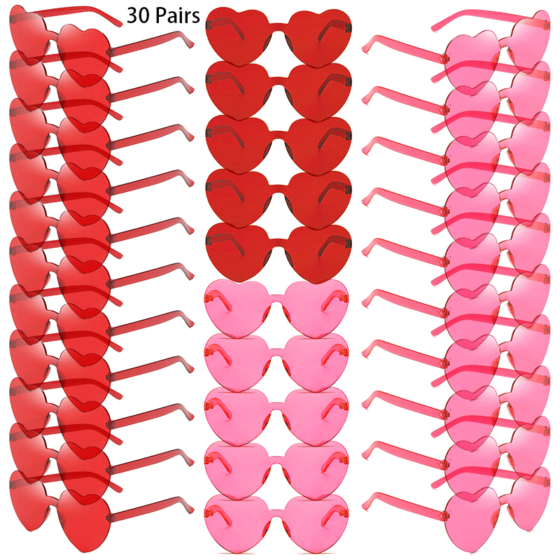 30 Paar pro Set herzförmige Sonnenbrille, niedlich, randlos, einfarbig, Strandurlaub, Sonnenbrille für Damen, modisches Design, Rave-Sonnenbrille
