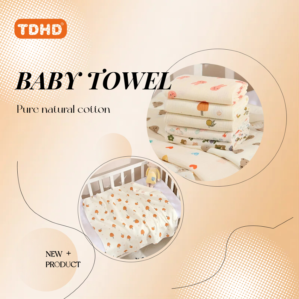 Cobertor macio dobrável TDHD para recém-nascidos – algodão bege claro, perfeito para banho e abraços, textura enrugada