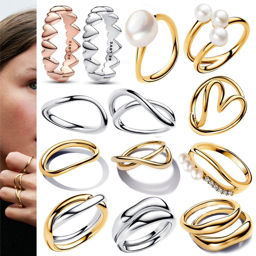 Anillos apilables de forma orgánica de Plata de Ley 925 a la moda, anillo de bandas entrelazadas de corazón y dos tonos, joyería de regalo superventas