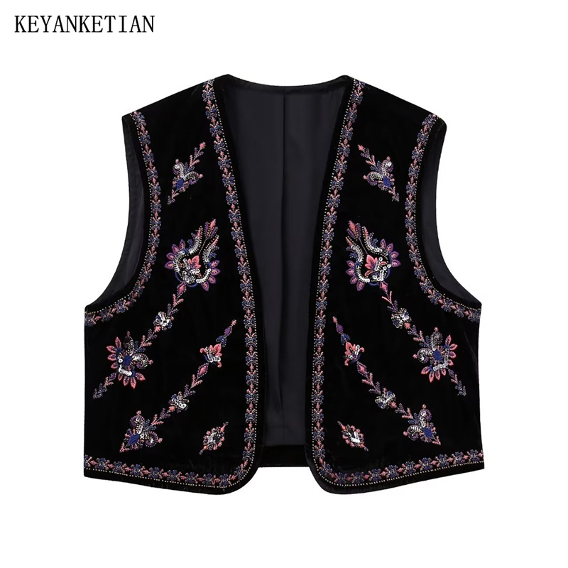 KEYANKETIAN autunno nuove donne con paillettes ricamo floreale gilet di velluto gilet nazionale Vintage Soft Touch senza maniche Crop Top