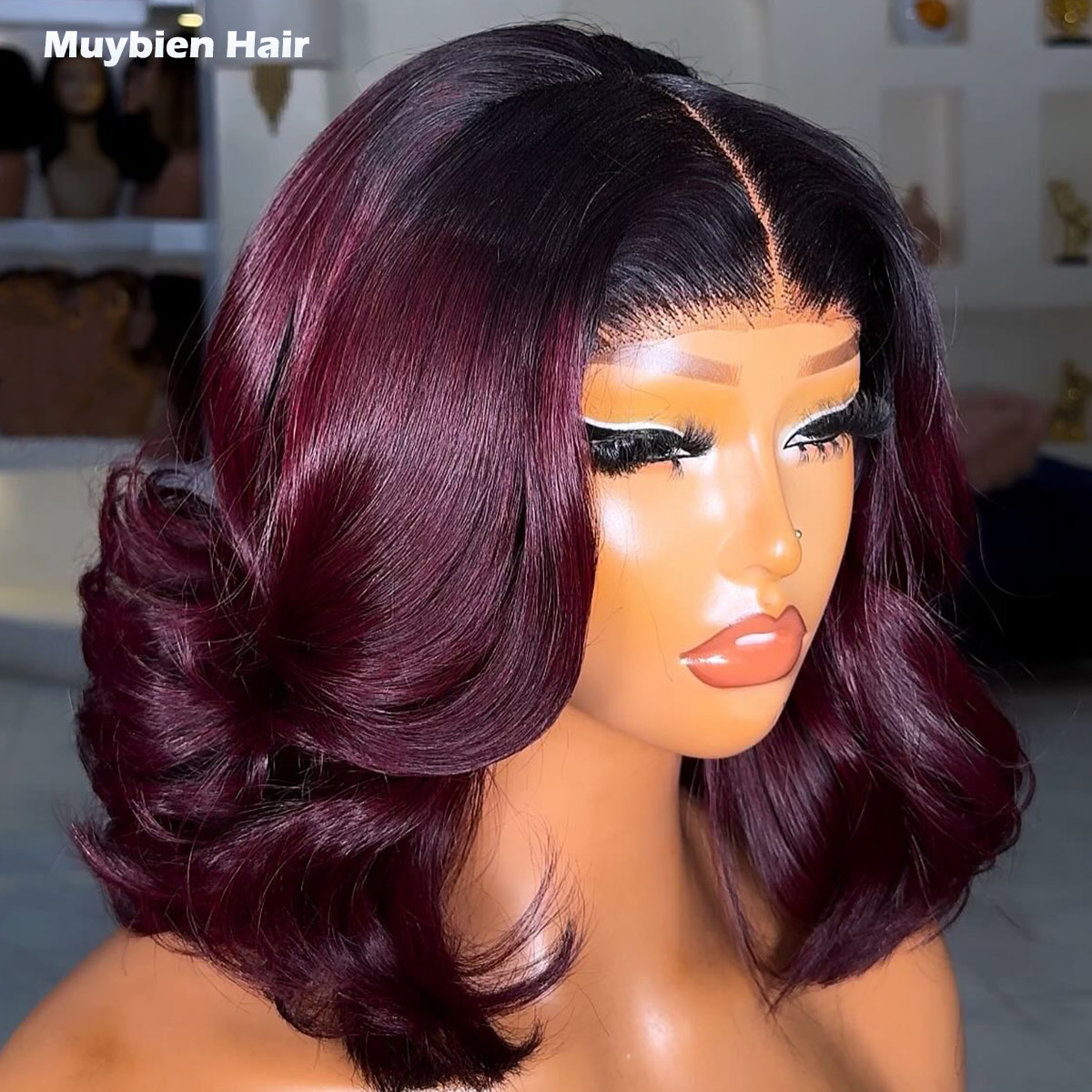 Peluca Bob sin pegamento Wear and Go, cabello humano, ombre burdeos, ondas sueltas, peluca de cabello humano con encaje frontal HD 13x4, rizos saltarines T1b/99j