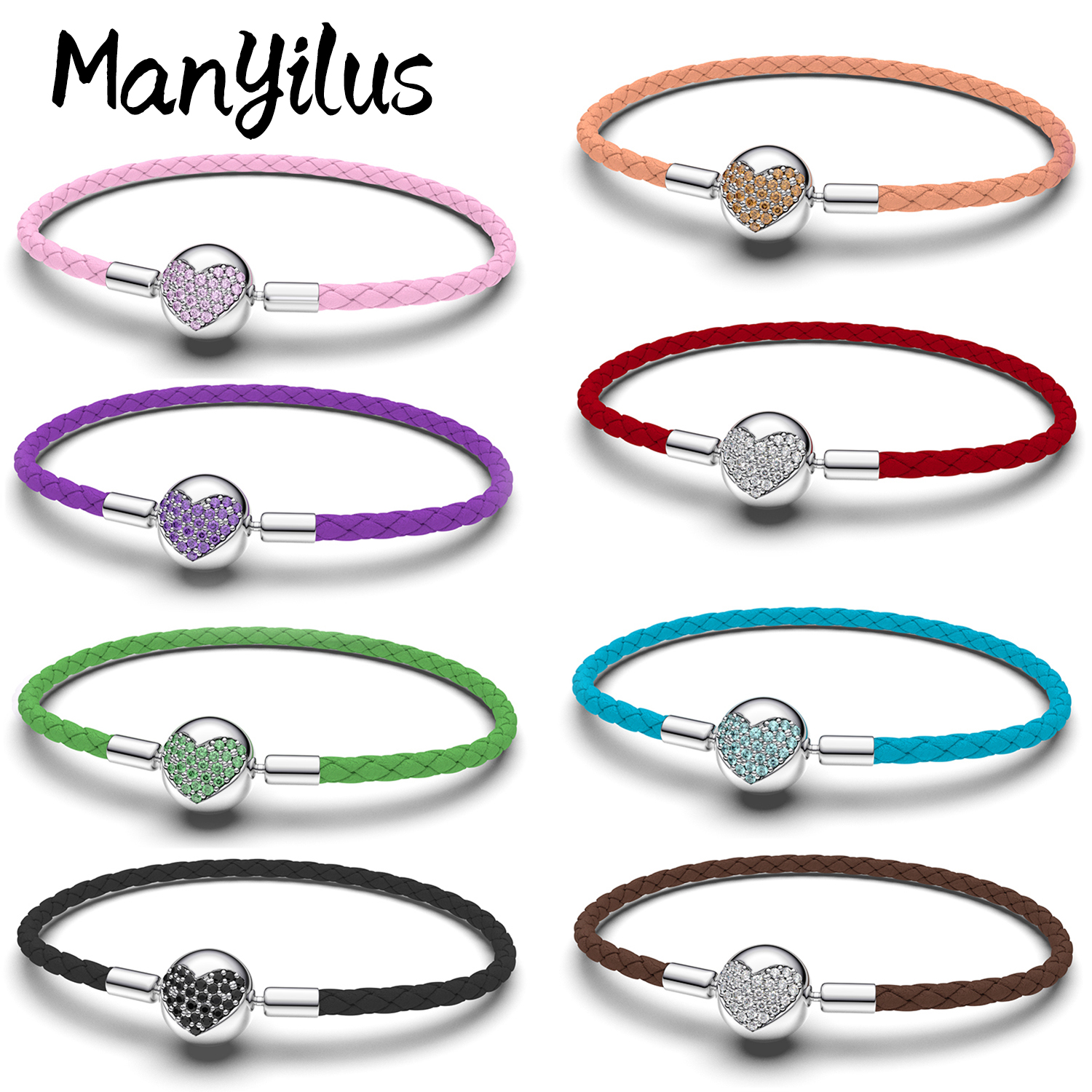 Manyilus-pulsera de cuero de cristal con forma de corazón rojo, colgante de plata de ley 925 para dijes, pulsera Original, regalo de joyería DIY fina