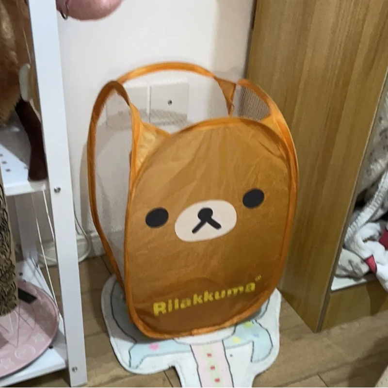 Keranjang cucian kapasitas besar lipat jaring Rilakkuma Jepang kartun bingkai penyimpanan portabel asrama keranjang cucian rumah tangga