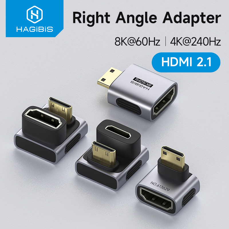 Hagibis Mini-HDMI-zu-HDMI-Adapter, rechtwinklig, 90 Grad, männlich zu weiblich, Mini-HDMI-Anschluss, L-förmiger Konverter, hohe Bildwiederholrate
