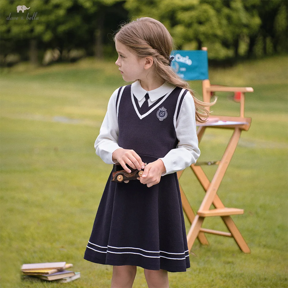 Dave Bella Kinderen Jurk Lente Herfst Lange Mouwen Meisjes Katoenen Rokken College Stijl Bovenkleding Elegante Kinderkleding DK3253682