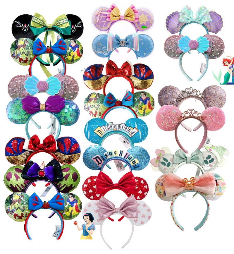 2pcs Disney Mickey Ears Headband Shanghai Disneyland Minnie Leather Headband Hairband Sequin Bow Party Hair Accessories