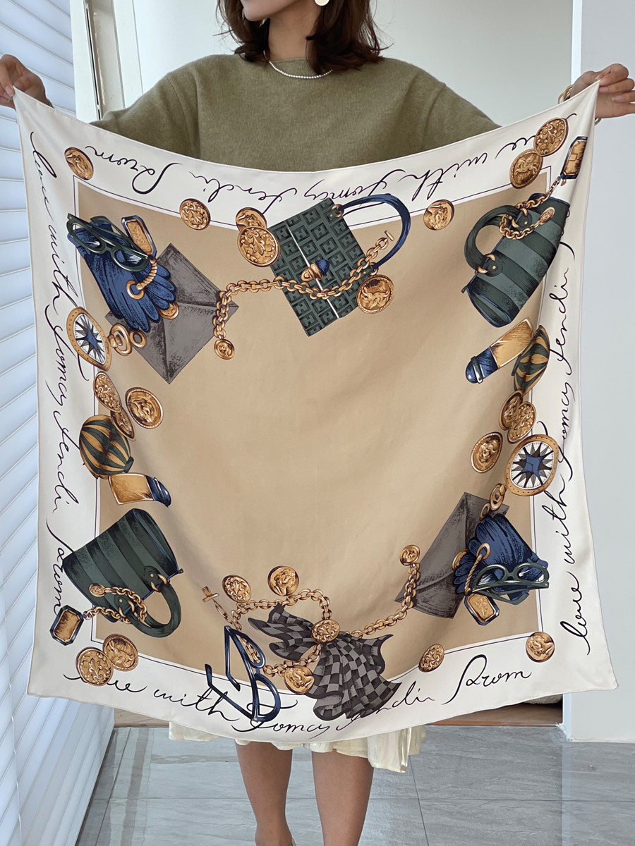 Syal Sutra 90CM Bandana Kepar Wanita Syal Rollerd Herms Merek Mewah Aksesori Leher Rambut Kepala Dekorasi Hadiah Natal