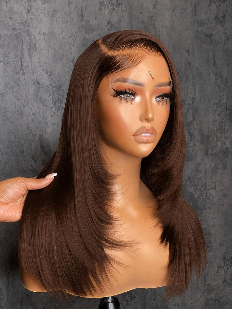34 Inch Chocolate Brown Bone Straight Human Hair Wig 250 Density 13x4 HD Transparent Lace Frontal Wig Pre PluckeLace Front Wig